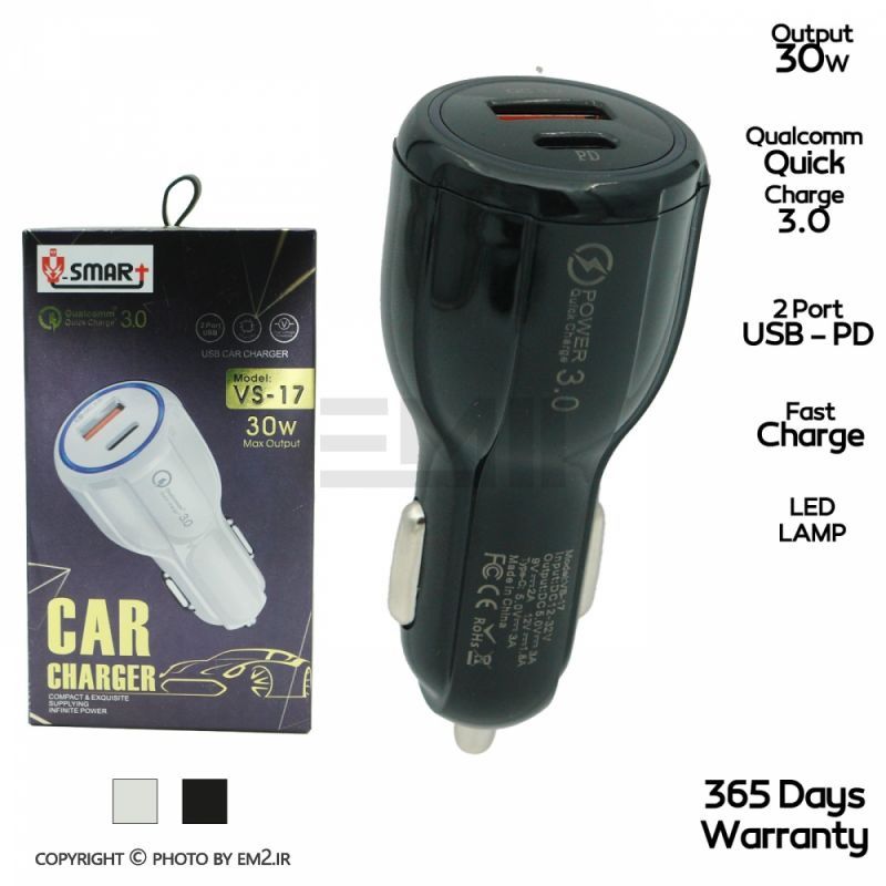فندکی 2 پورت USB و TYPE-C خروجی 30W فست وی اسمارت مدل VS-17